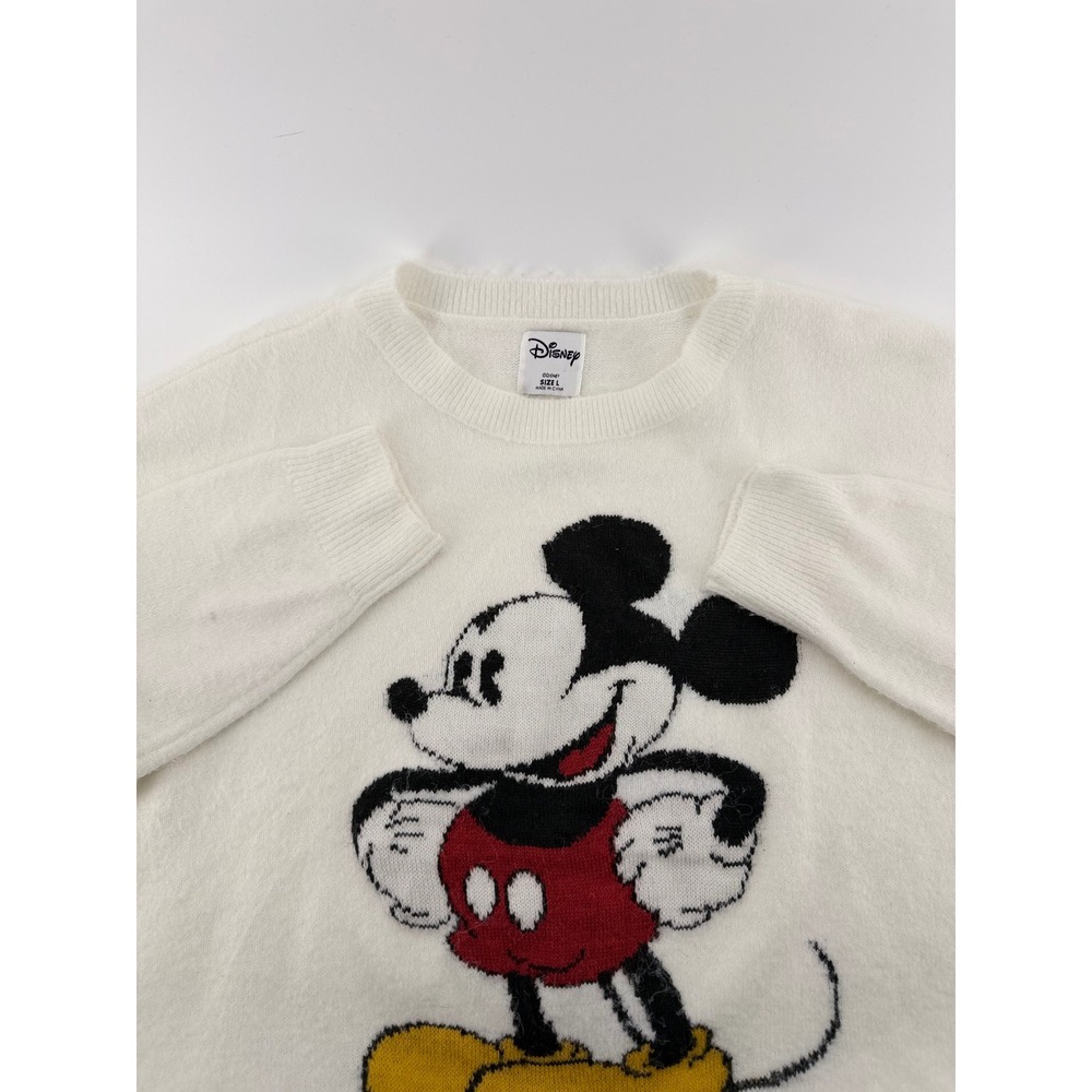 Disney Mickey Mouse Graphic Knit Crewneck Sweater Relaxed Fit Large White Poly